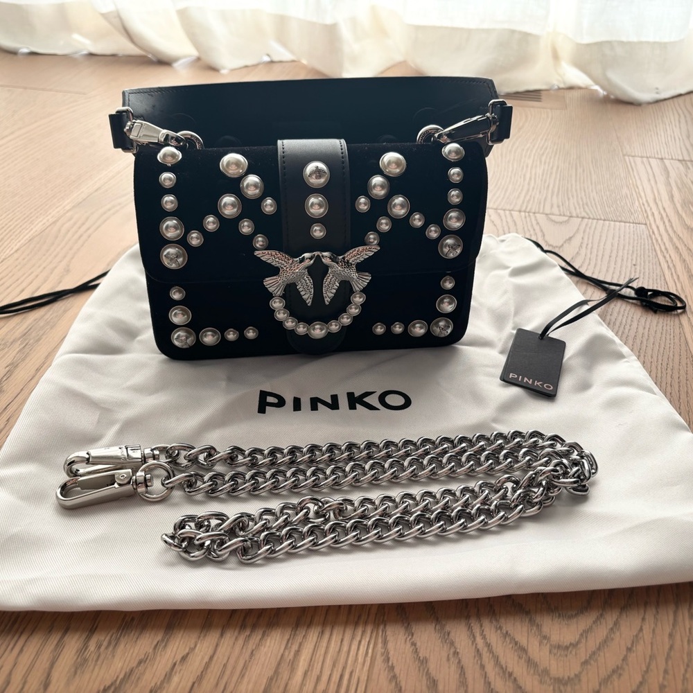 Pinko Black Crossbody Bag with Silver Chain and Pearl Accents